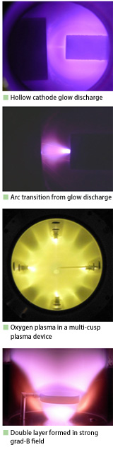 Hollow cathode glow discharge / Arc transition from glow discharge / Oxygen Plasma in a multi-cusp plasma device / Double layer formed in strong grad-B field
