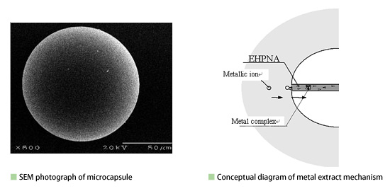 SEM photograph of microcapsule / Conceptual diagram of metal extract mechanism